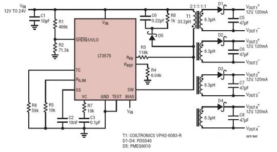 12V~24Vin 至四路输出 12V/120mA No Opto 隔离型反激式控制器