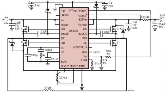 从 4V~38V 汽车输入电源产生 12V/5A 输出