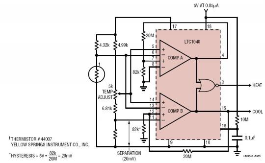 5V 电源供电的热敏电阻加热 / 冷却自动温度调节器