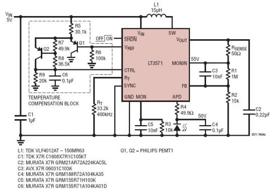 具温度补偿功能的 5V 至 50V 低噪声 APD 偏置电源