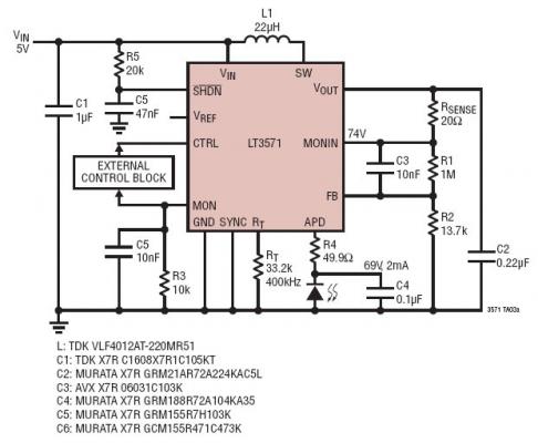 具软起动功能的 5V 至 69V 低噪声 APD 偏置电源
