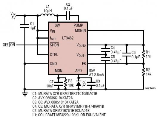 5V 至 85V 低噪声 APD 偏置电源