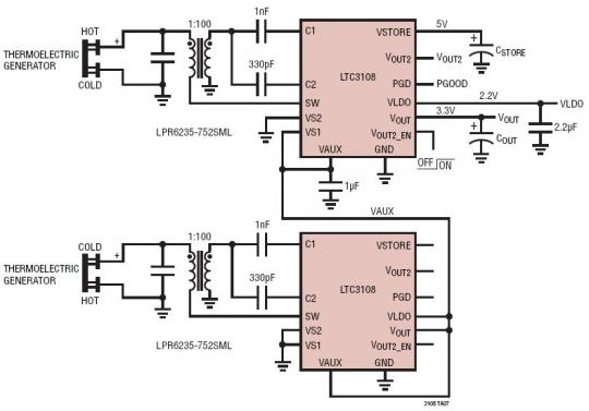 Dual TEG Energy Harvester (3.3V/2.2V) Operates from Temperature Differentials of Either Polarity 