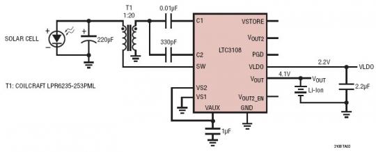 Li-Ion Battery Charger and 2.2V LDO Powered by a Solar Cell with Indoor Lighting