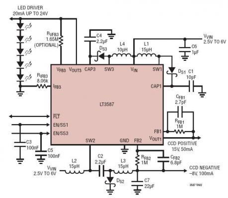 Li-Ion Powered Supply for CCD Imager and Five White Backlight LEDs