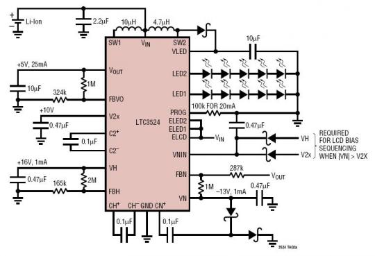 Li-Ion to +5V@25mA, +16V@1mA, C13V@1mA TFT LCD Power Supply + 10 White LEDs