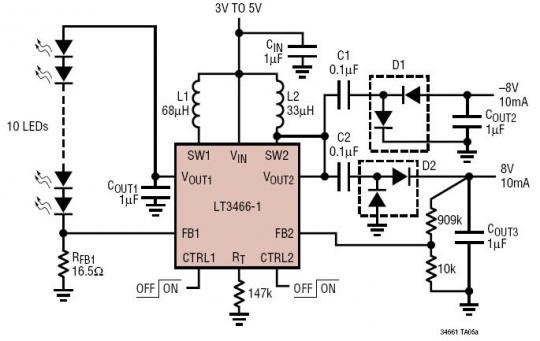 Li-Ion to 10 White LEDs and LCD Bias (+/-8V) with Output Disconnect