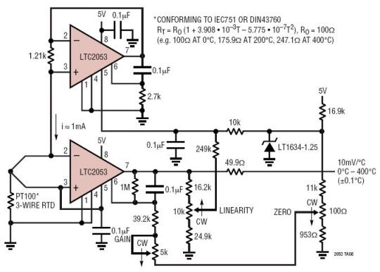 Single 5V Supply Linearized 0��C to 400��C Platinum RTD Amplifier