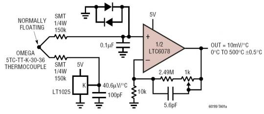 Type K Thermocouple Signal Conditioner with 190V Protection from Accidental Contact and Cold Junction Compensation